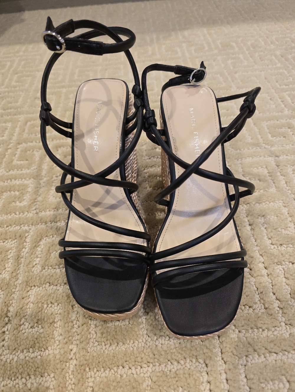 Marc Fisher Zesty Black Strappy Wedge Sandals, Size 7